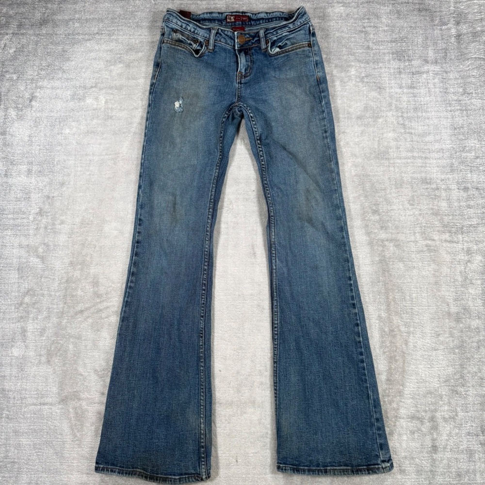 SB Denim Jeans Womens 1/2 Blue Denim Low Rise Flair Bootcut Distressed Vtg Y2K